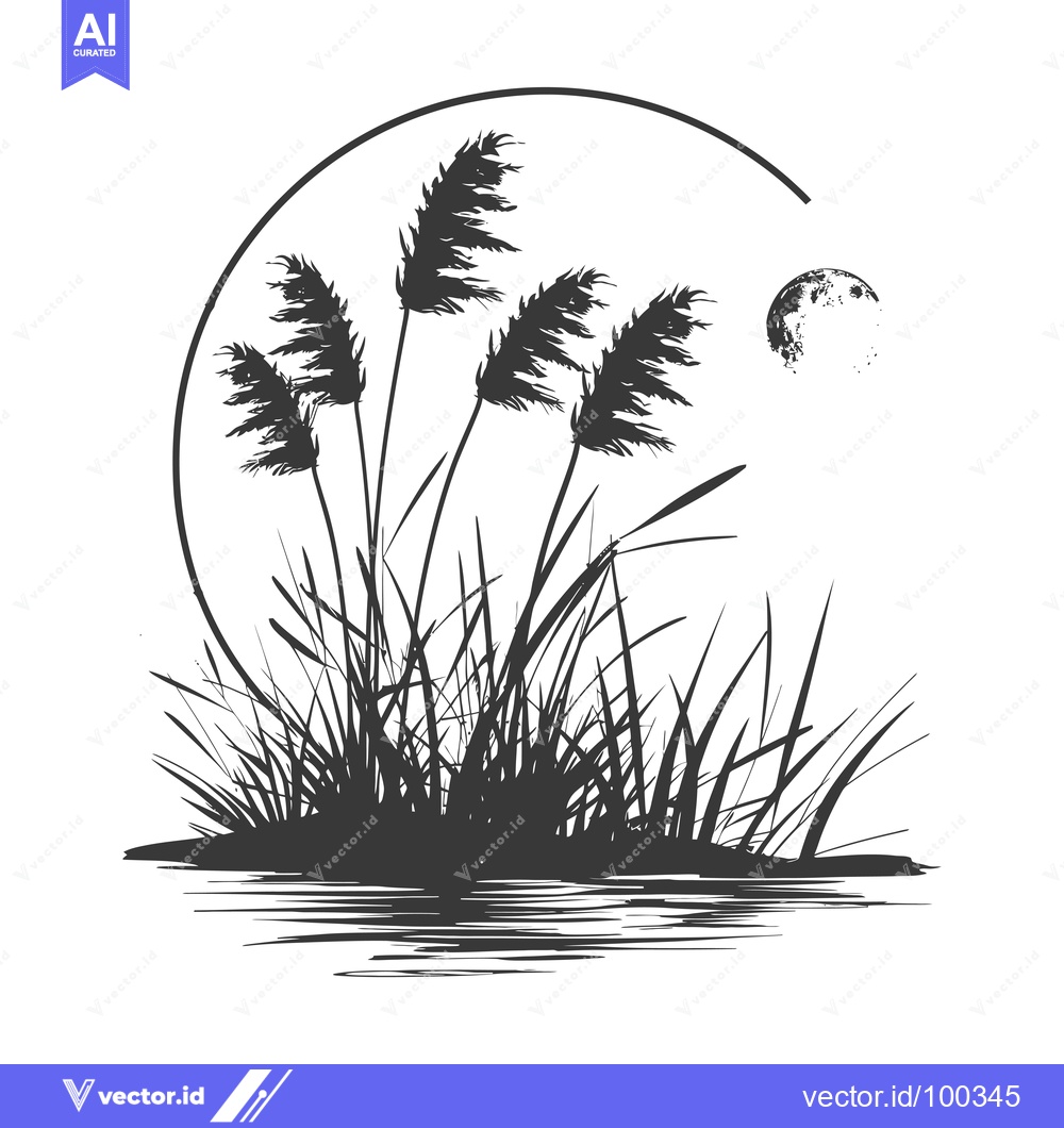 Premium Vector dari Silhouette of Tall Grass and a Moon Over Water