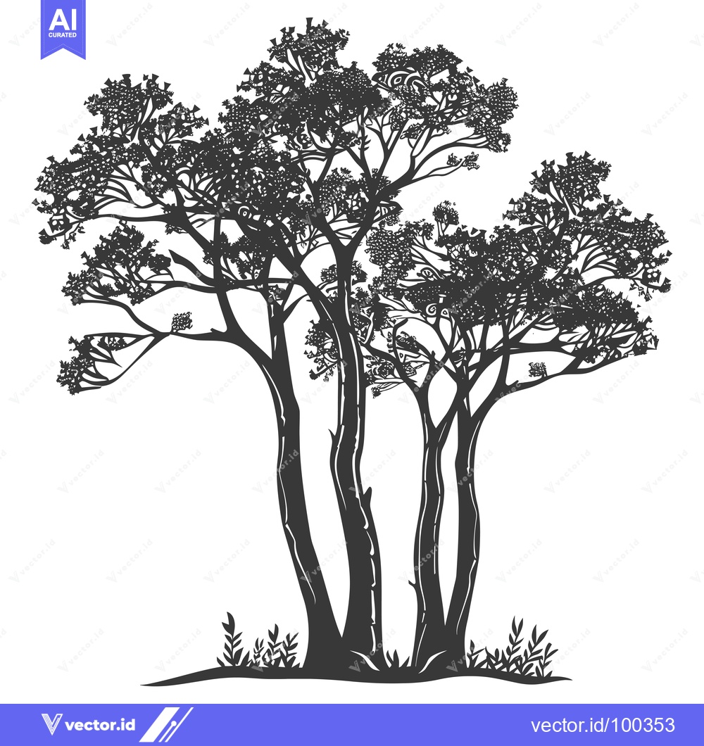 Premium Vector of Silhouette of Three Trees with Detailed Branches and Small Plants at t