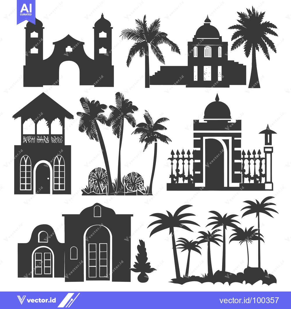 Premium Vector of Silhouette of Tropical Buildings, Palm Trees, and Architecture