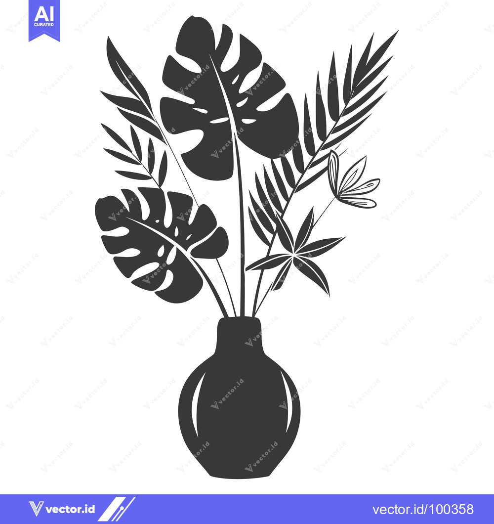 Premium Vector dari Silhouette of Tropical Plants in a Vase