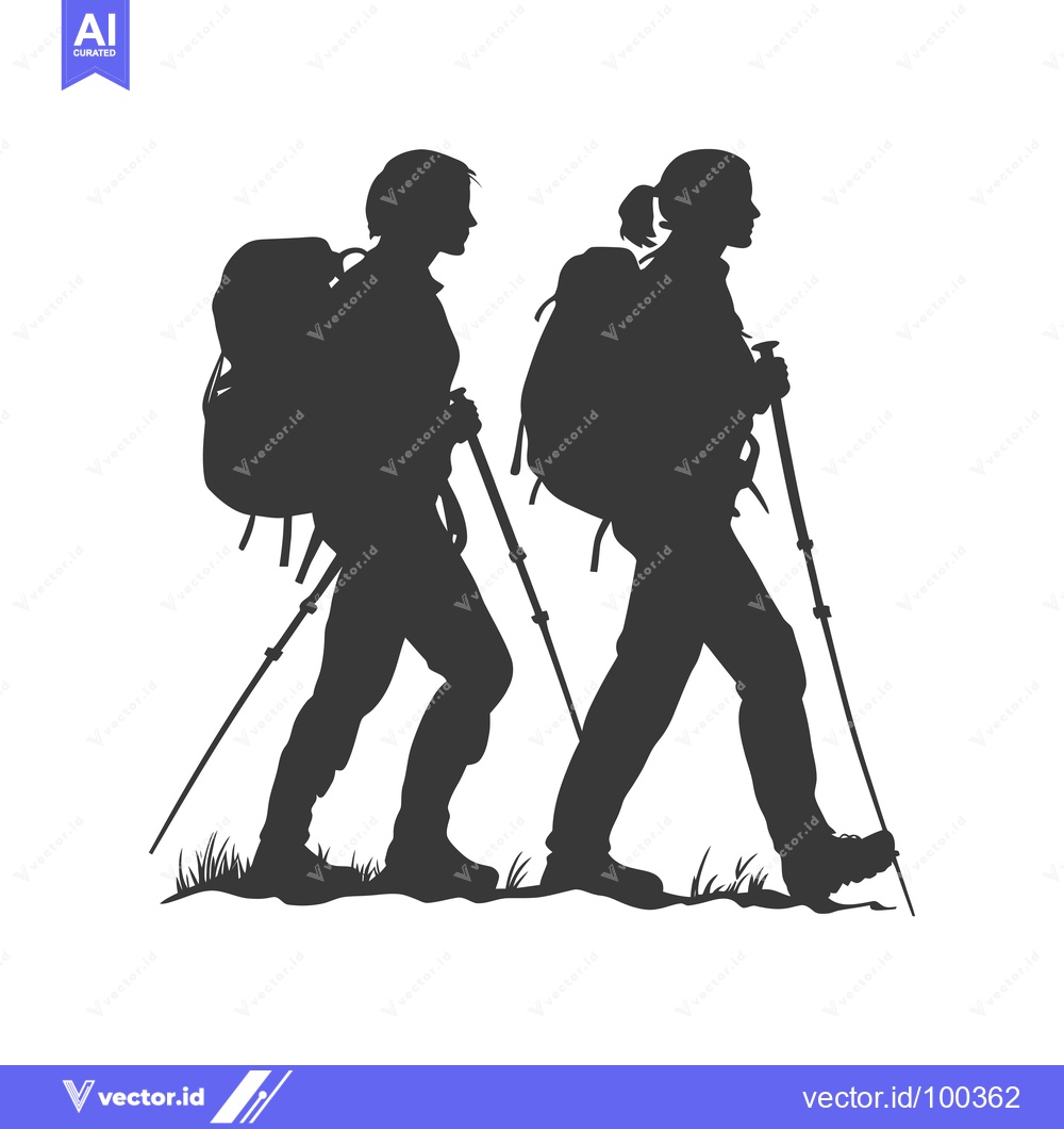 Premium Vector dari Silhouette of Two Hikers with Backpacks and Trekking Poles
