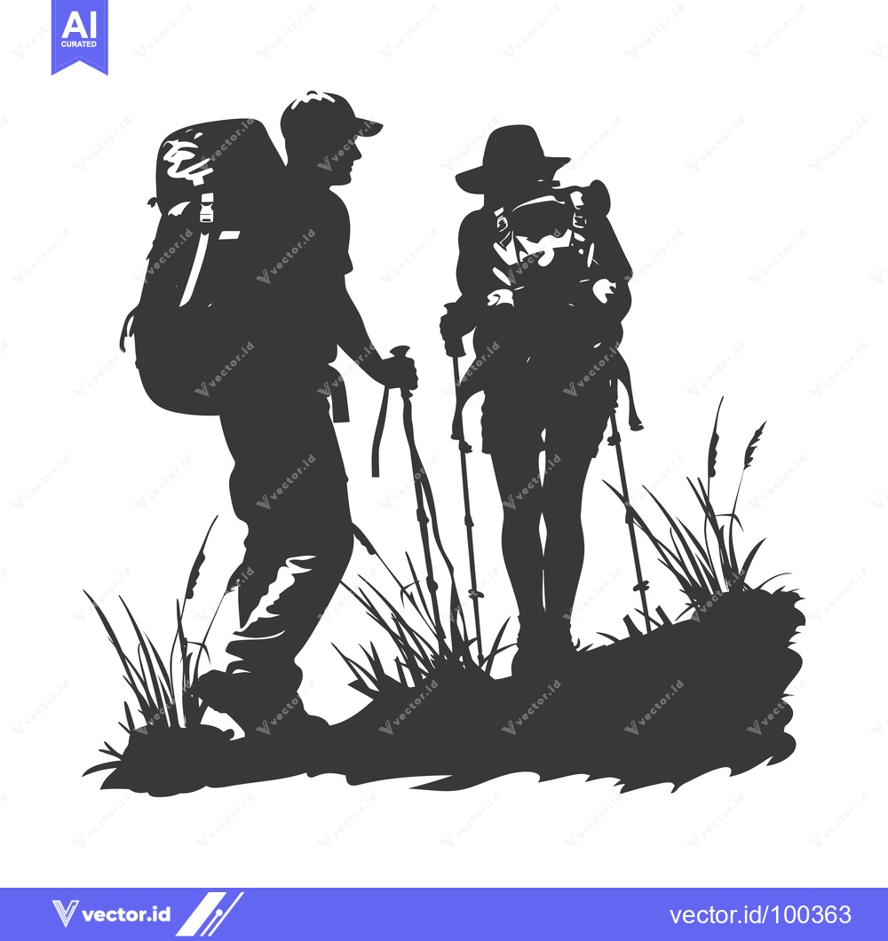 Premium Vector of Silhouette of Two Hikers with Backpacks and Trekking Poles