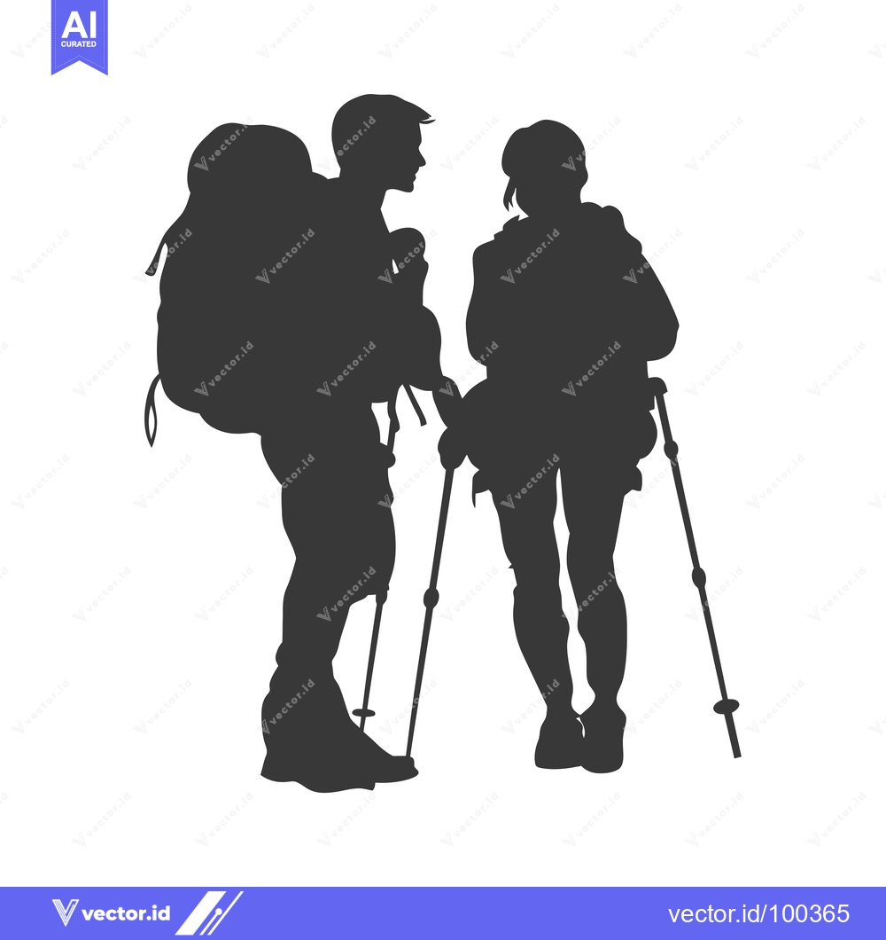 Premium Vector of Silhouette of Two Hikers with Backpacks and Trekking Poles