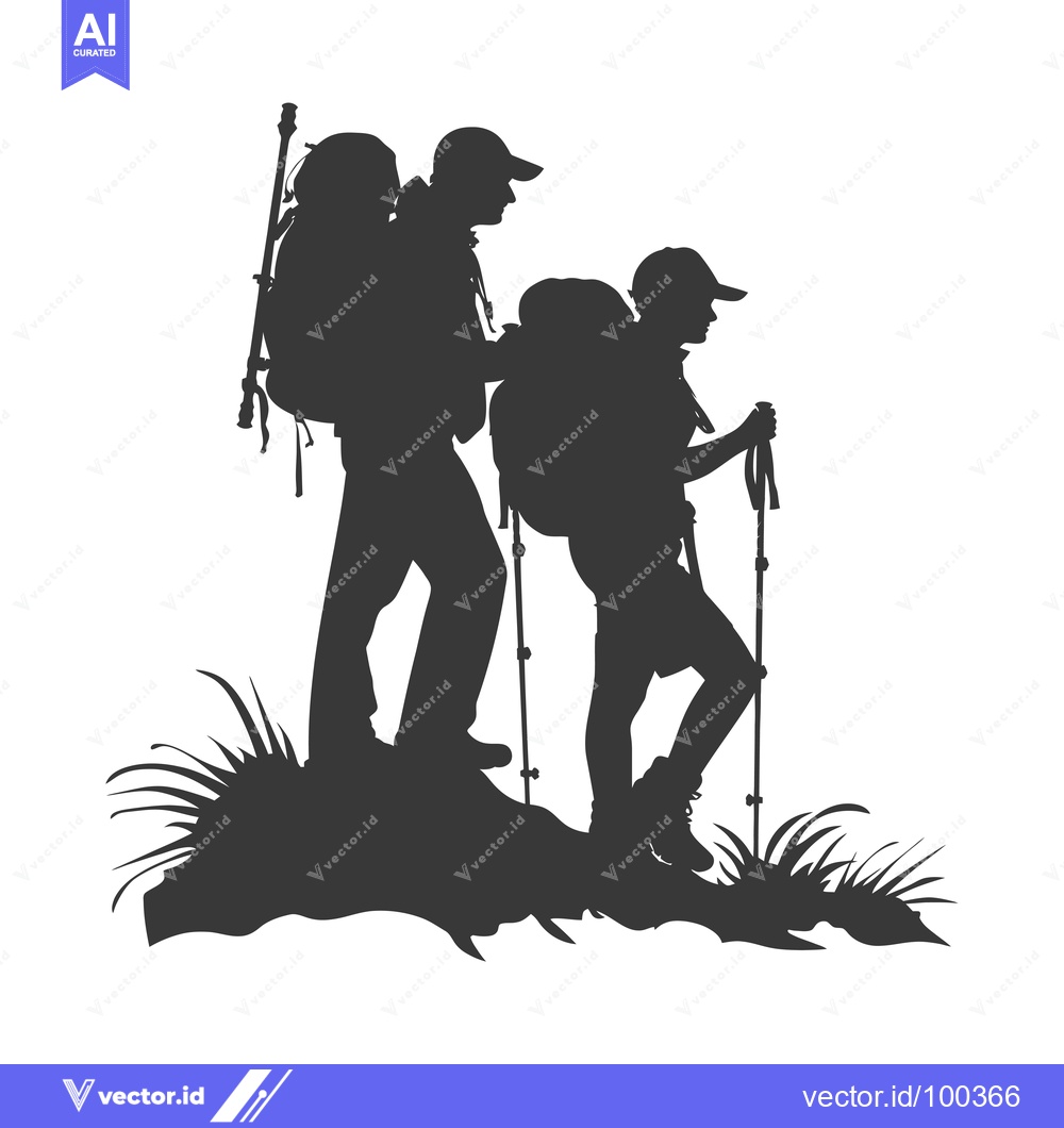 Premium Vector dari Silhouette of Two Hikers with Backpacks and Trekking Poles on a Hillsi