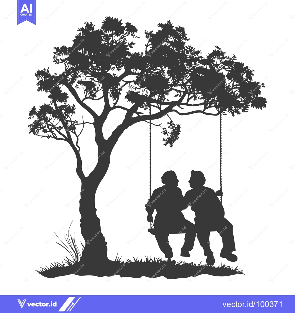 Premium Vector of Silhouette of Two People on a Swing Under a Tree