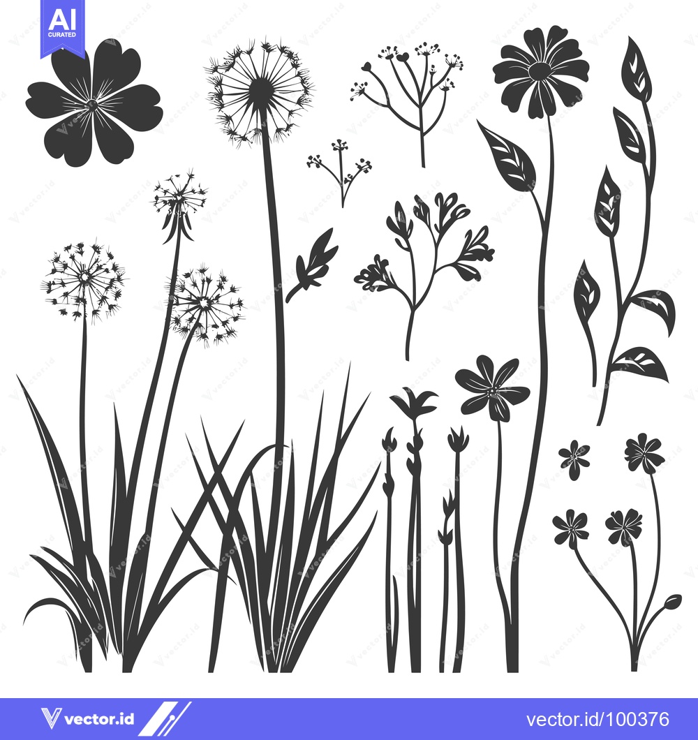 Premium Vector dari Silhouette of Various Flowers, Dandelion, and Grass