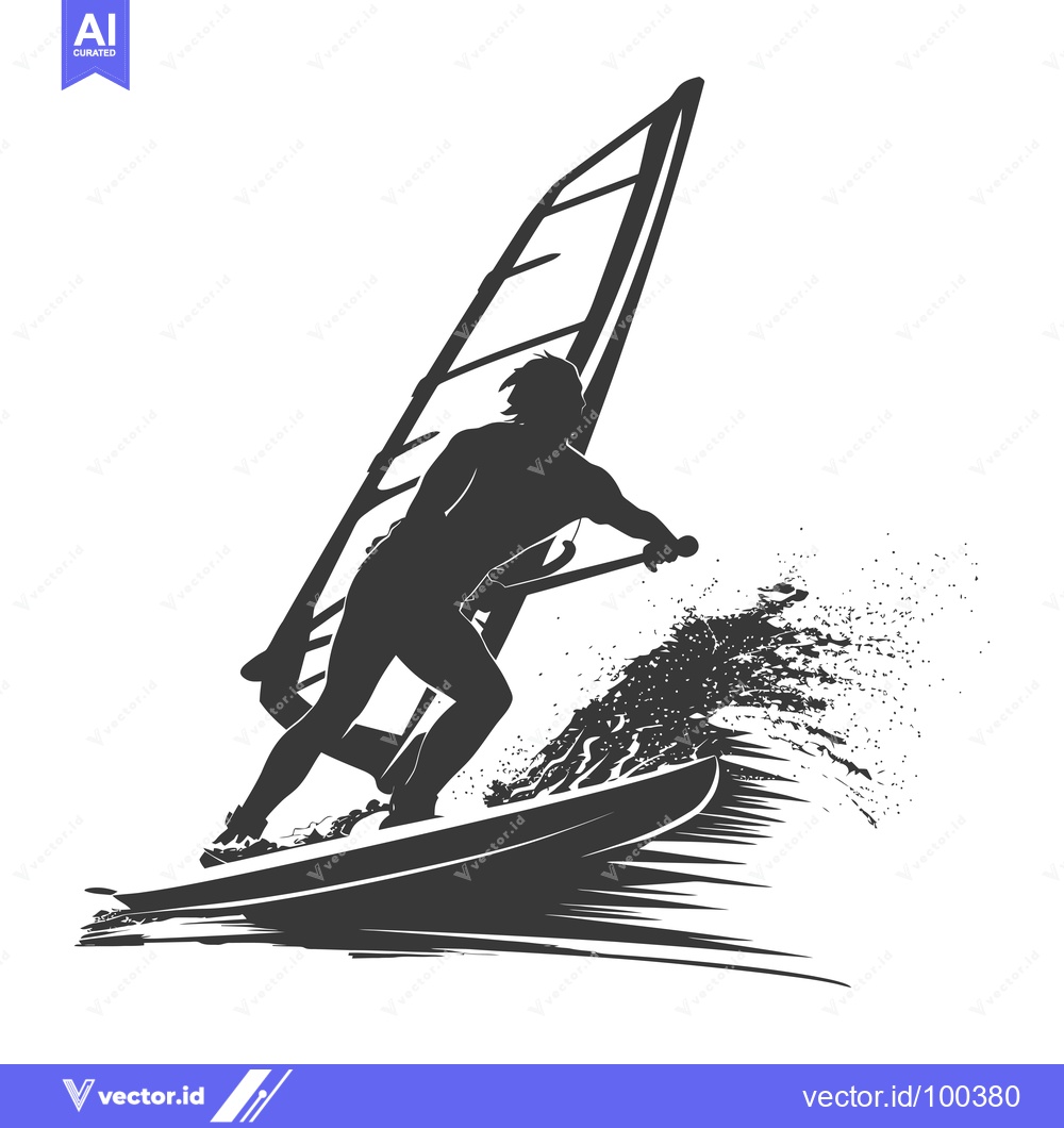 Premium Vector of Silhouette of Windsurfer on Wave
