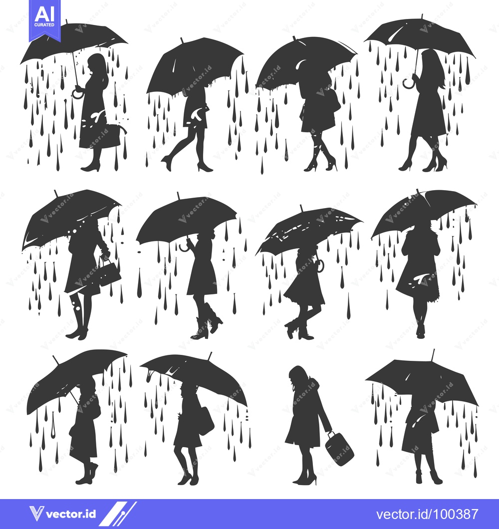 Premium Vector of Silhouette of Women Walking in the Rain with Umbrellas