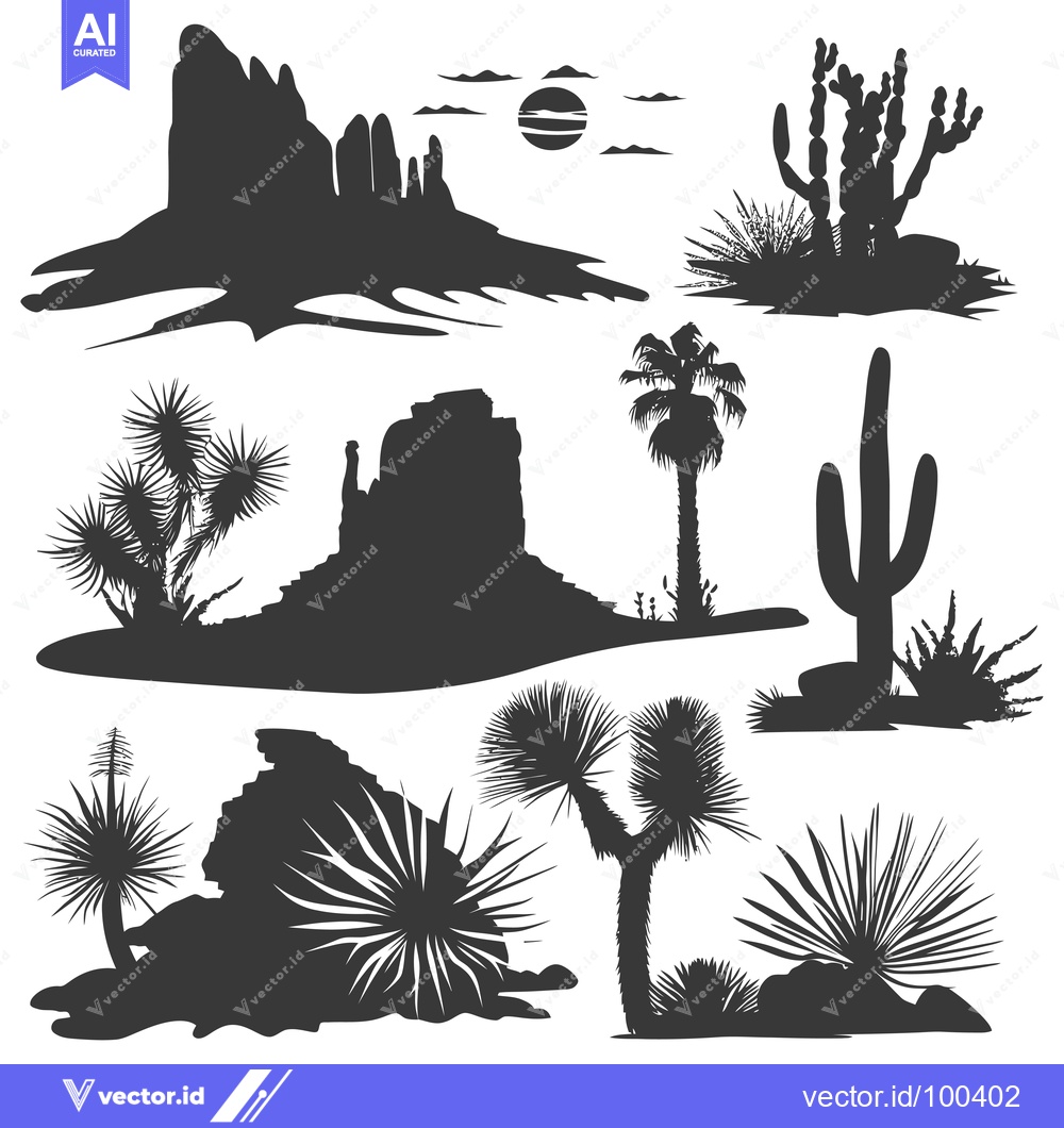 Premium Vector dari Silhouette Set of Desert Plants and Rocks