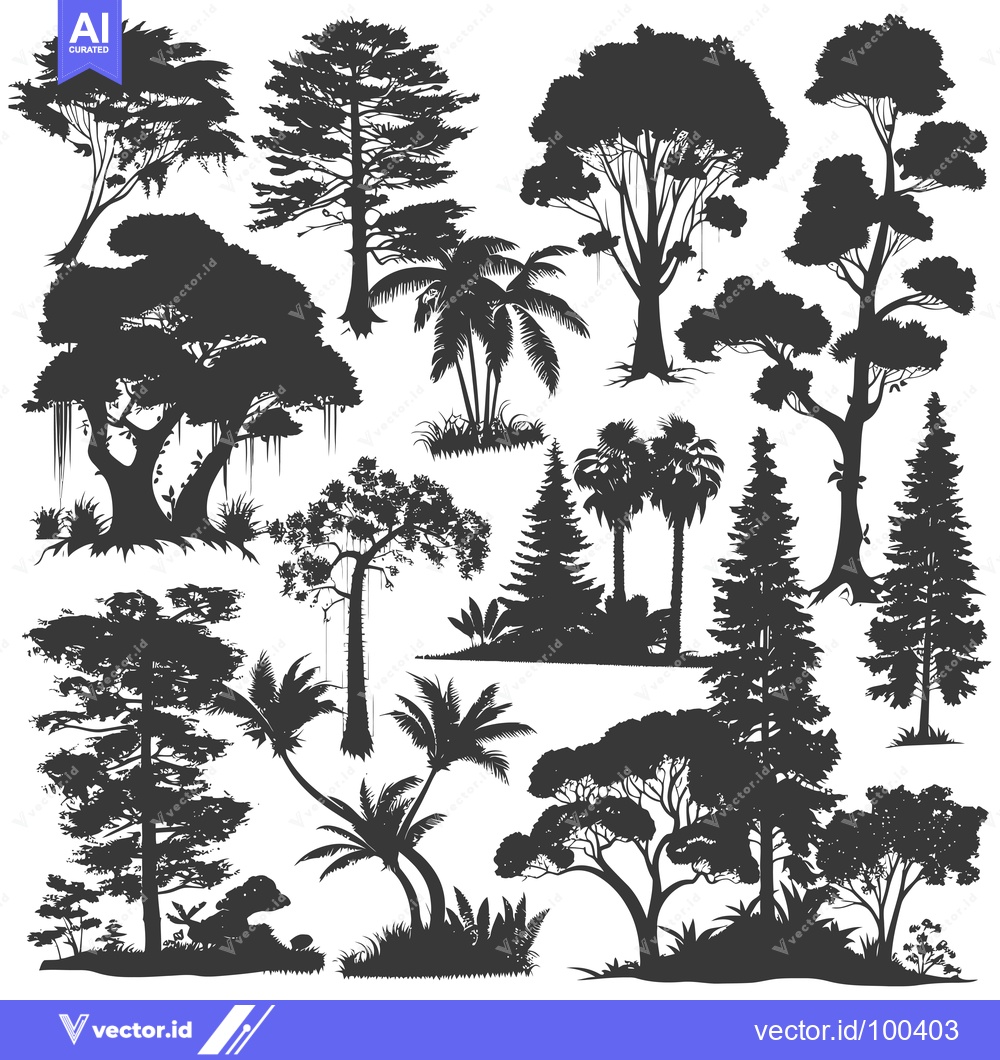 Premium Vector dari Silhouette Set of Diverse Trees and Palms