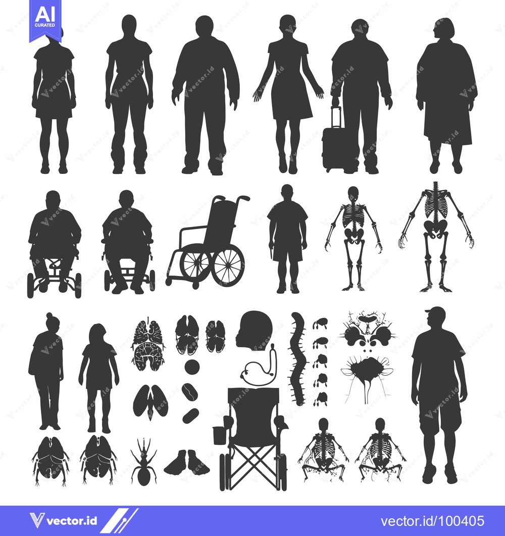 Premium Vector dari Silhouette Set of Human Figures, Skeletons, and Body Parts