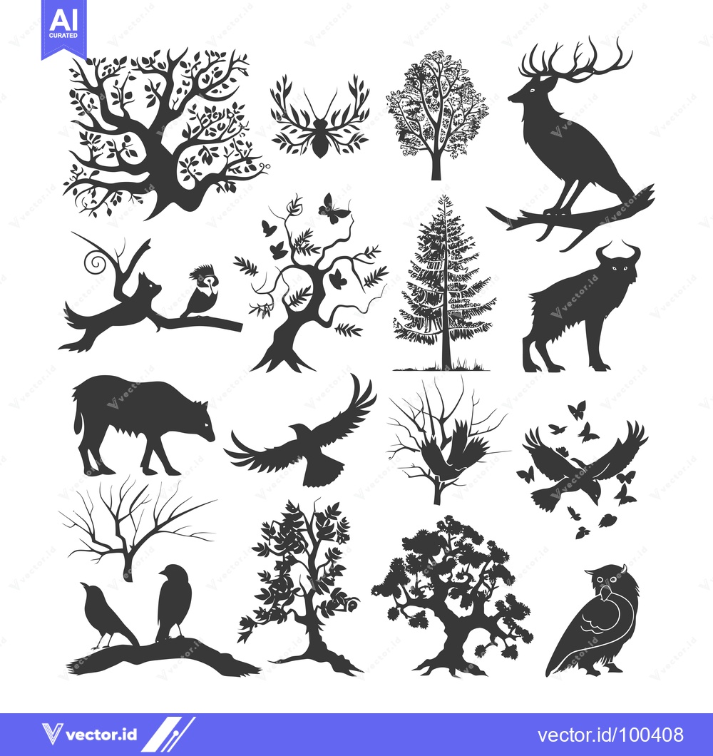 Premium Vector dari Silhouette Set of Trees, Birds, and Animals in a Forest