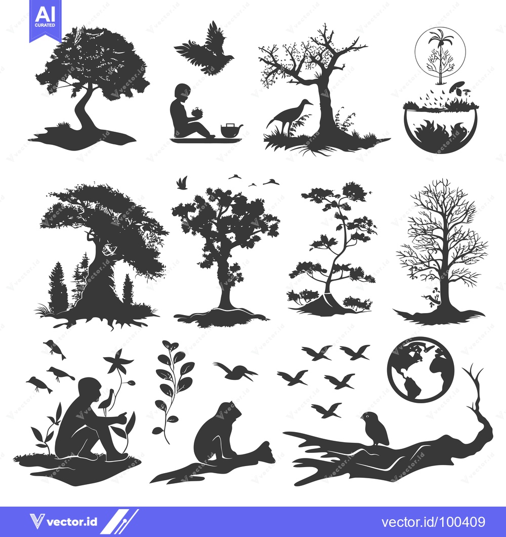 Premium Vector dari Silhouette Set of Trees, Birds, and Animals in a Natural Setting