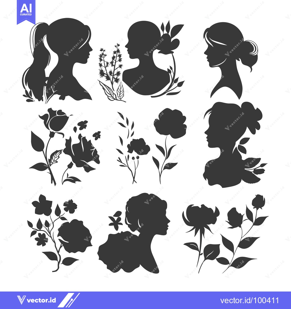 Premium Vector dari Silhouette Set of Women's Profiles with Floral Elements
