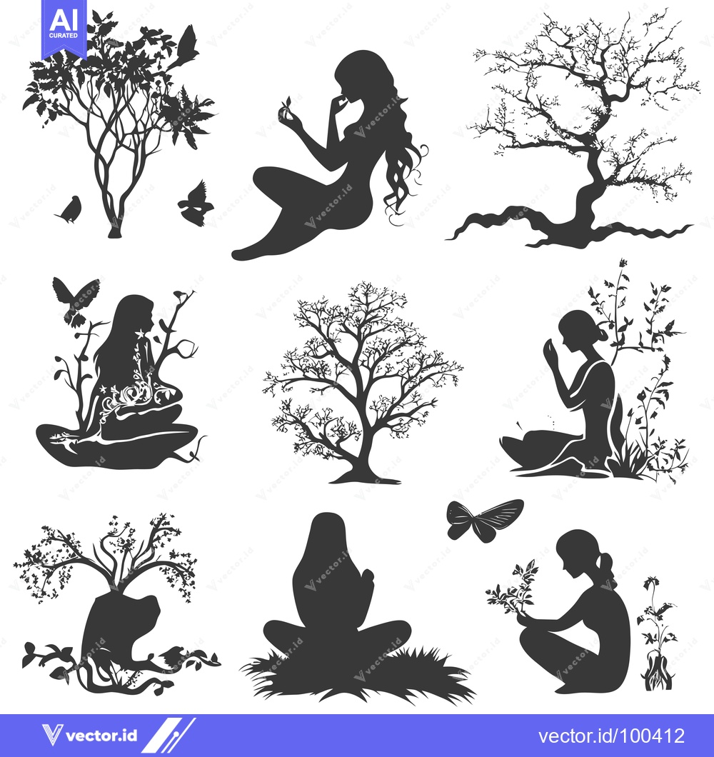 Premium Vector dari Silhouette Set of Women, Trees, and Birds in Nature