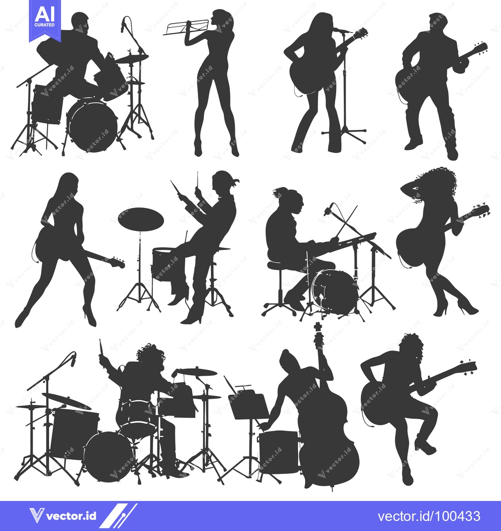 Premium Vector dari Silhouettes of a Band Playing Instruments on a Stage