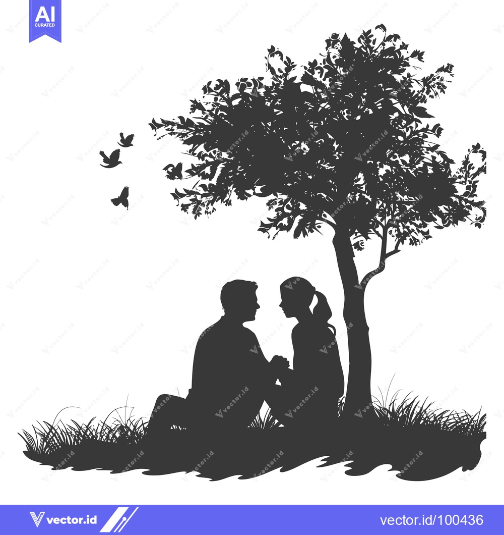 Premium Vector of Silhouettes of a couple in love under a tree with birds flying