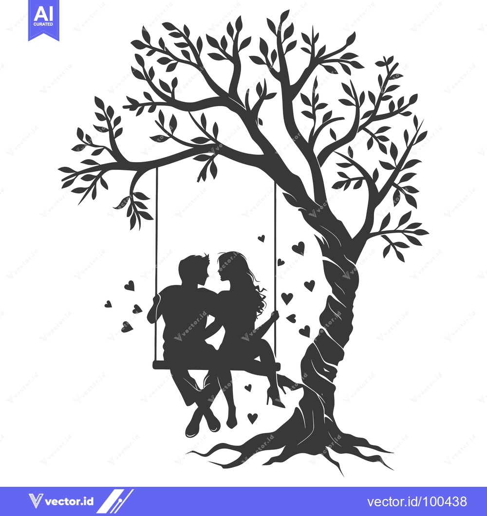 Premium Vector dari Silhouettes of a Couple on a Swing Under a Tree with Hearts