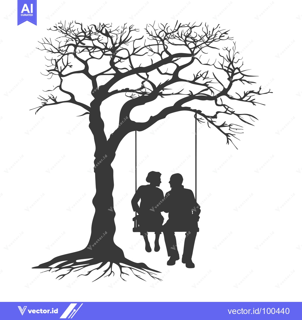 Premium Vector of Silhouettes of a Couple Sitting on a Swing Hanging from a Bare Tree