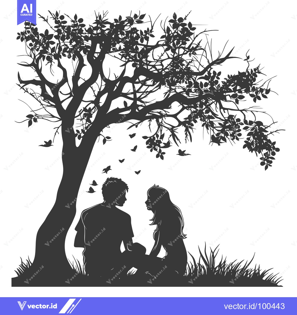 Premium Vector of Silhouettes of a Couple Sitting Under a Tree with Birds Flying Around
