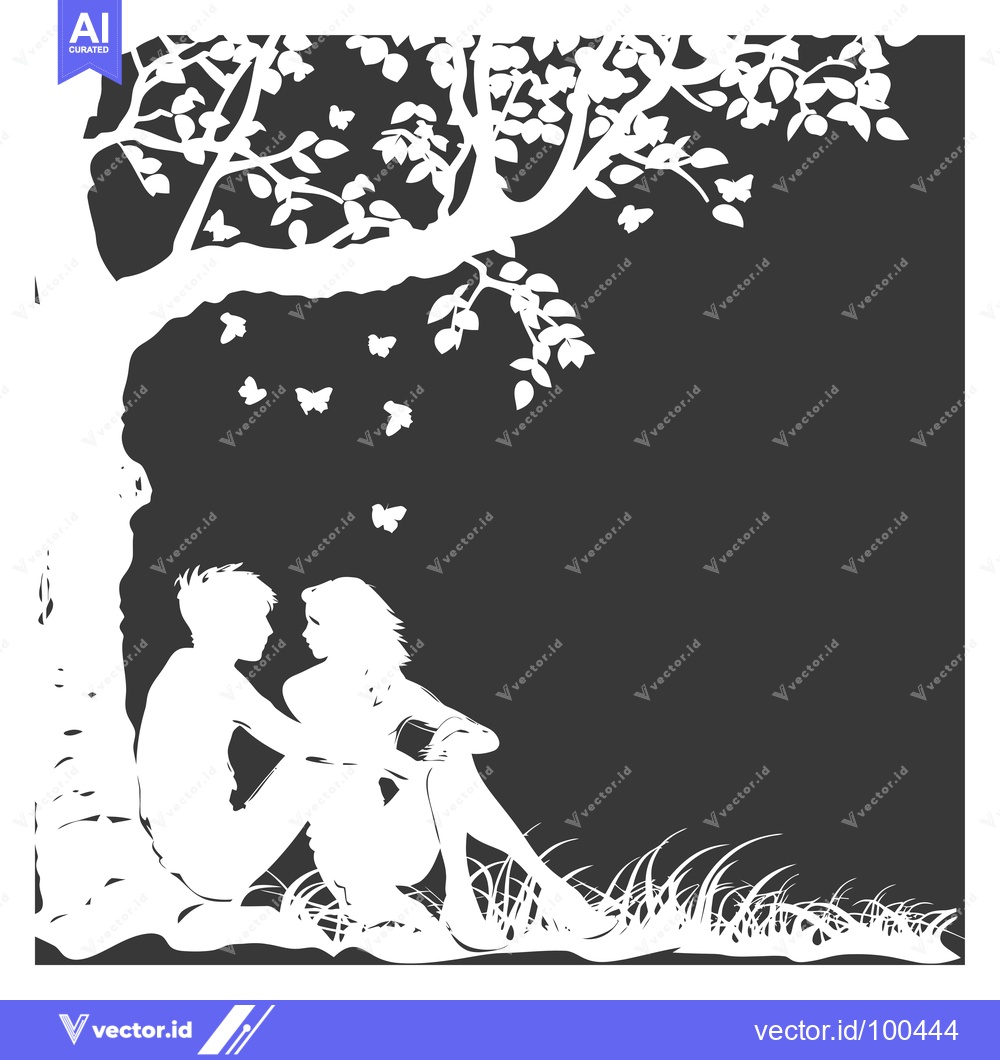 Premium Vector dari Silhouettes of a Couple Under a Tree with Butterflies