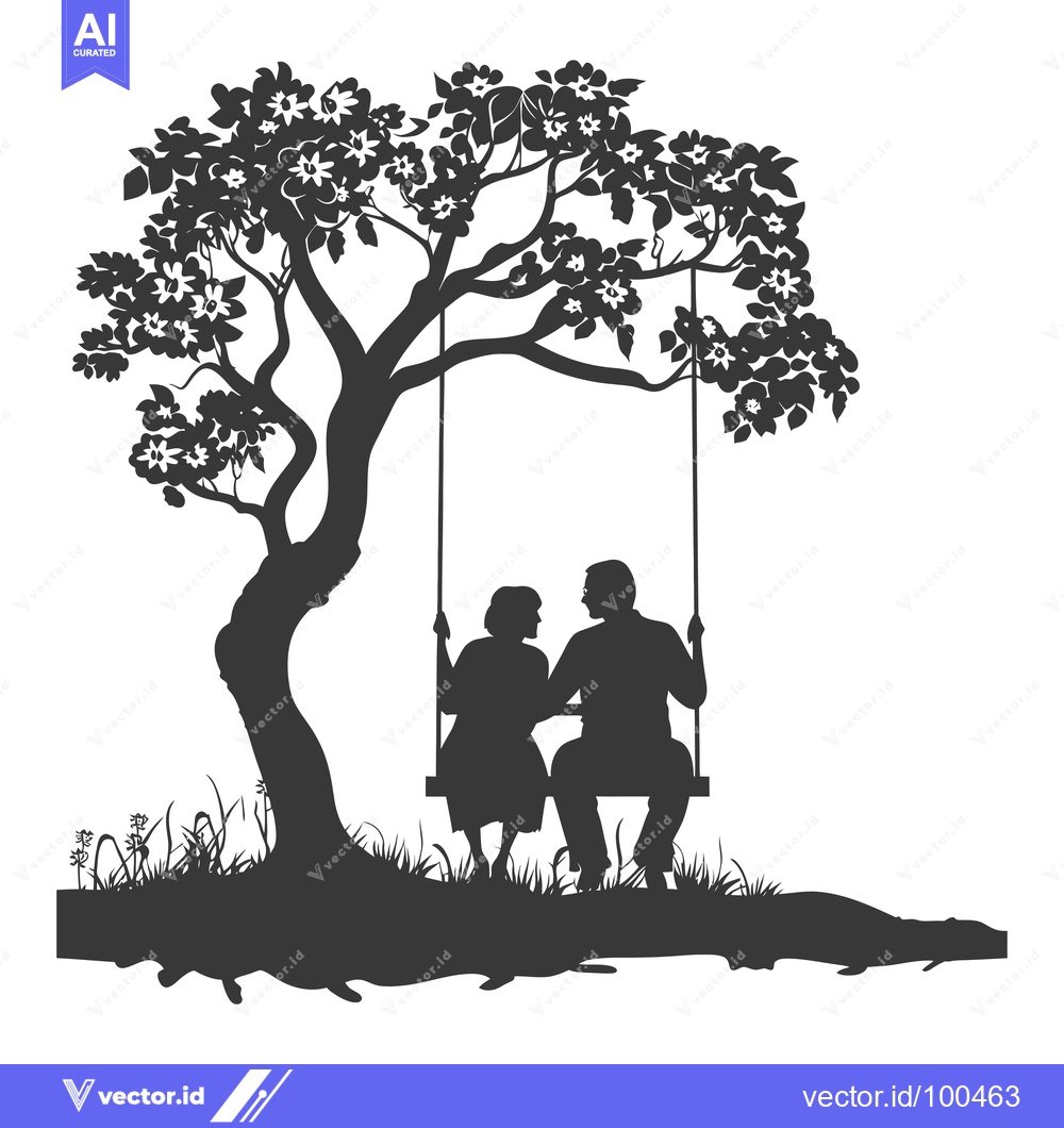Premium Vector dari Silhouettes of an elderly couple on a swing under a blossoming tree