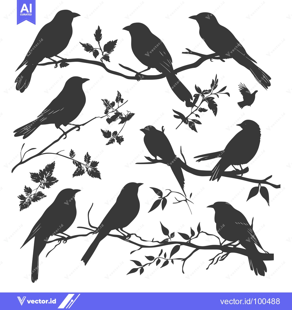 Premium Vector of Silhouettes of birds perched on branches with leaves