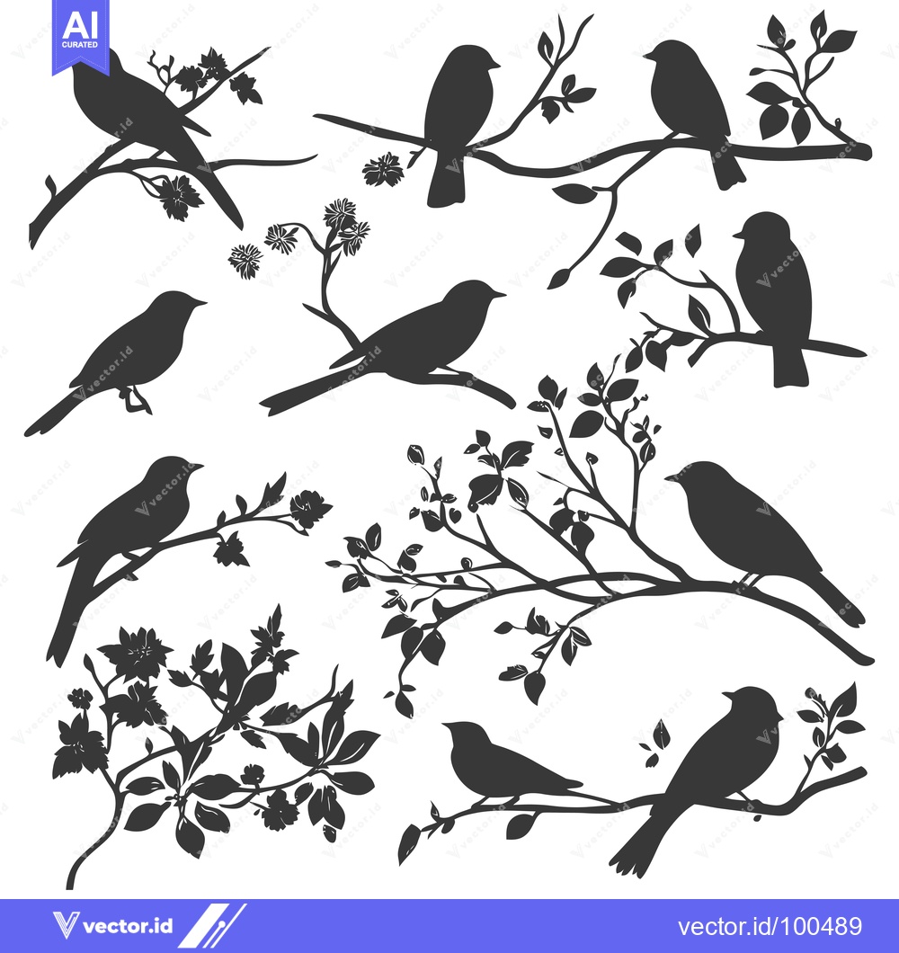 Premium Vector dari Silhouettes of Birds Perched on Branches with Leaves and Flowers