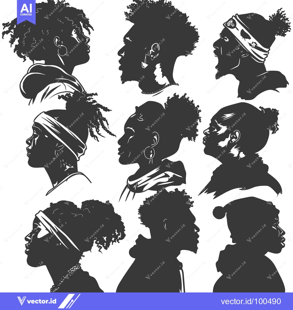 Premium Vector dari Silhouettes of Black People with Different Hairstyles and Accessories