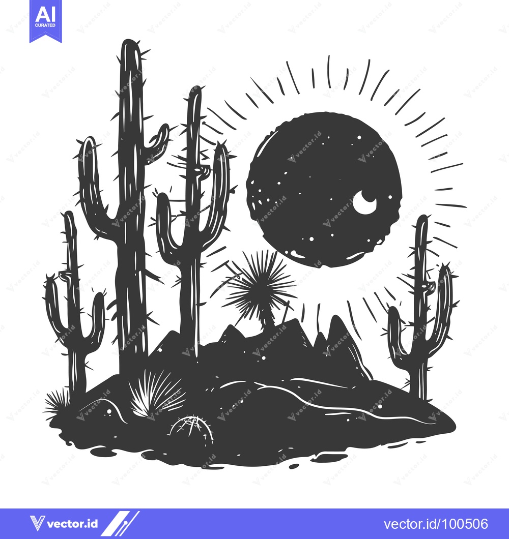 Premium Vector dari Silhouettes of Cacti in a Desert Landscape Under a Starry Night Sky