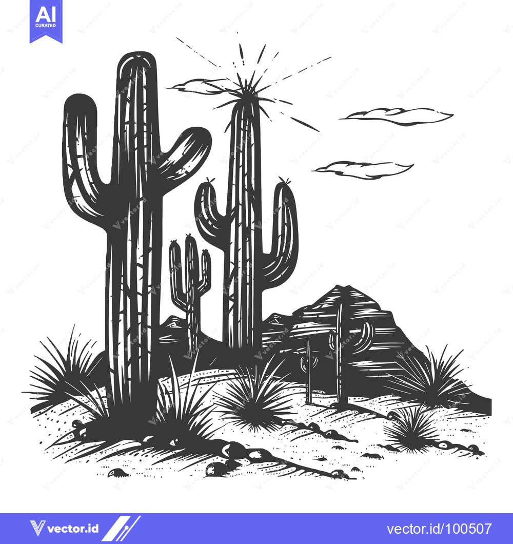 Premium Vector dari Silhouettes of Cactus Plants in a Desert Landscape
