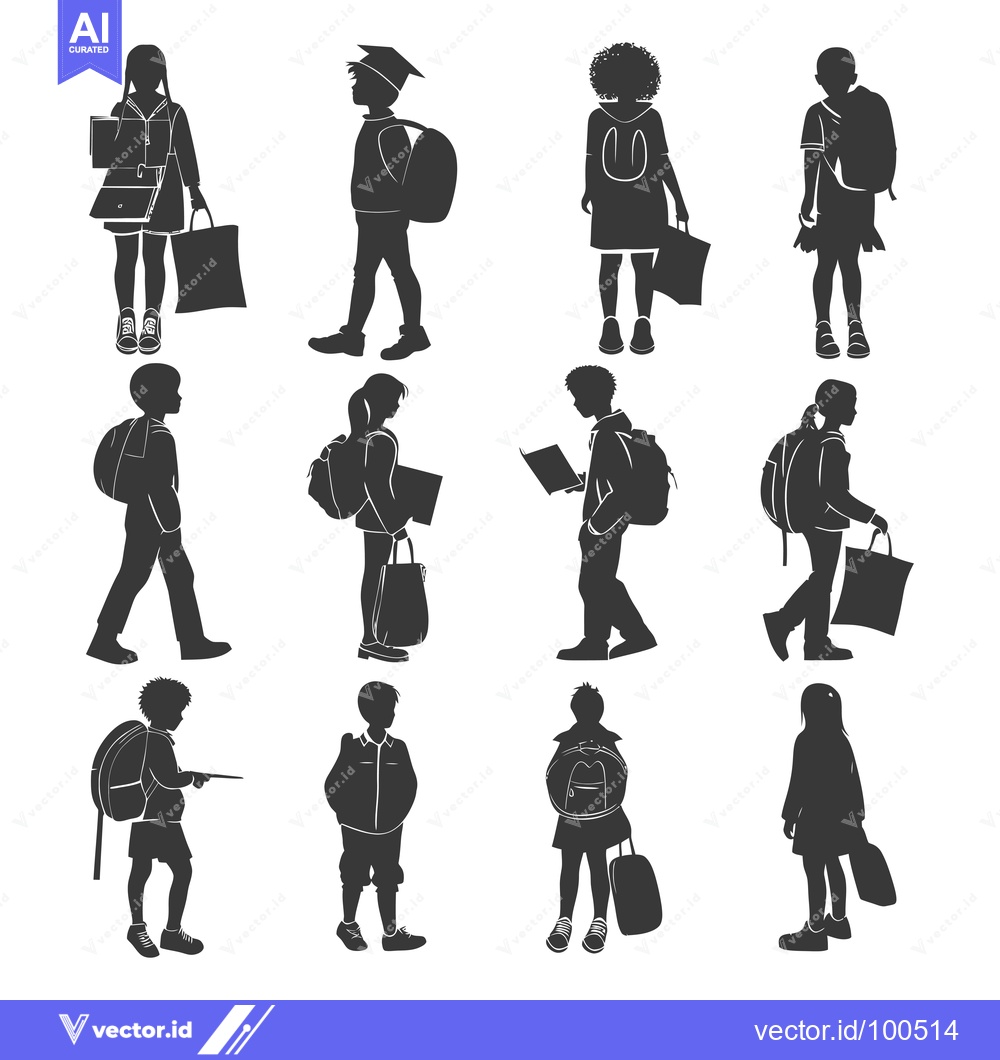 Premium Vector dari Silhouettes of Children in School Uniforms with Backpacks and Bags