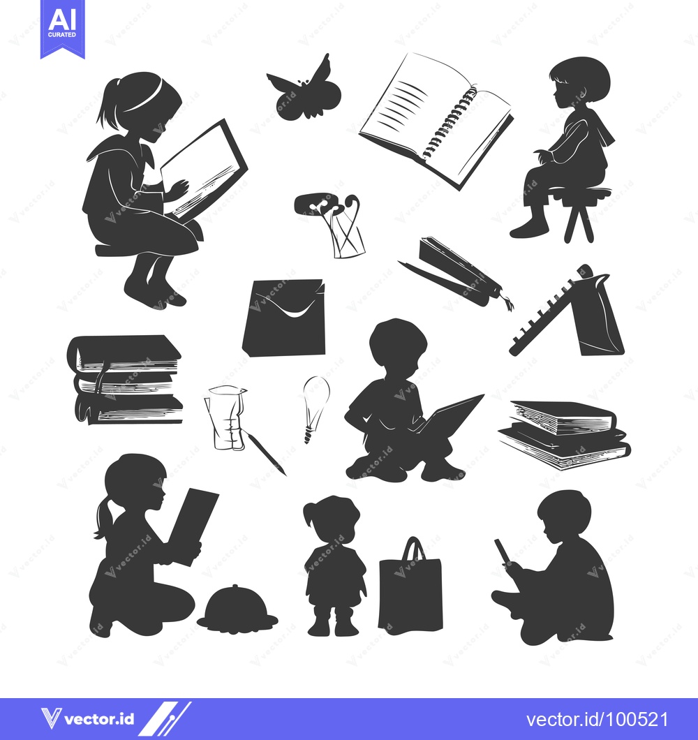 Premium Vector dari Silhouettes of Children Reading with School Supplies