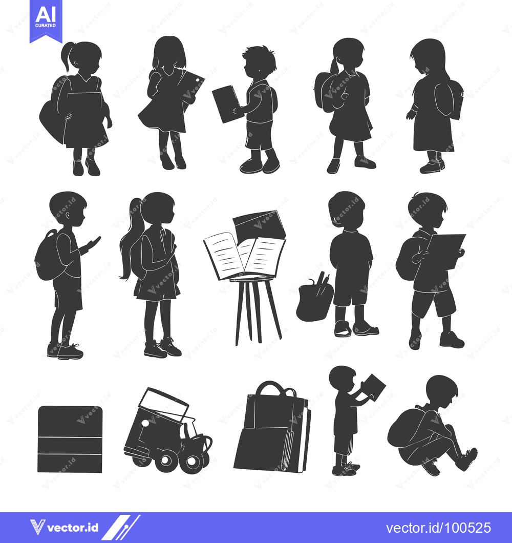 Premium Vector of Silhouettes of Children with Backpacks, Books, and School Supplies