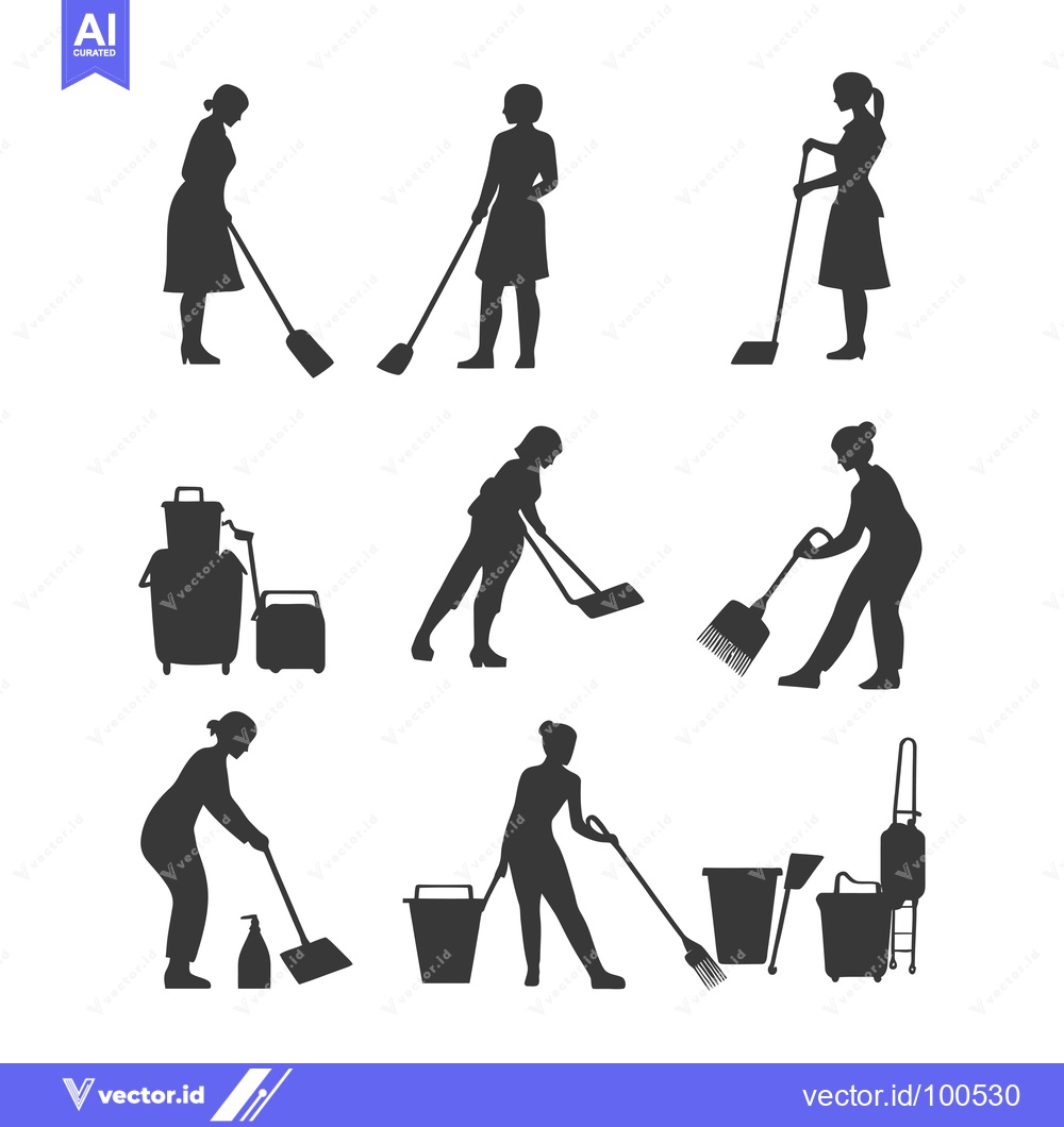 Premium Vector of Silhouettes of Cleaning Ladies with Cleaning Equipment