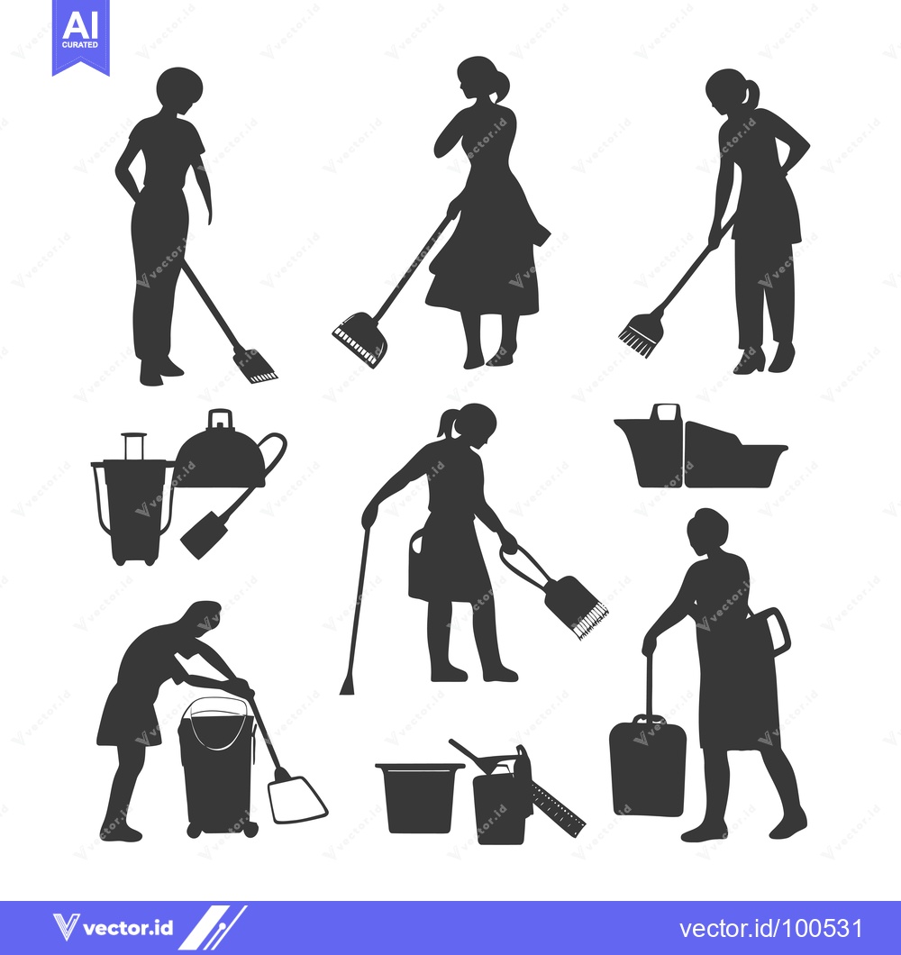 Premium Vector of Silhouettes of Cleaning Ladies with Supplies