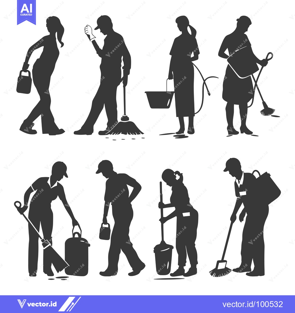 Premium Vector dari Silhouettes of cleaning personnel using various cleaning equipment
