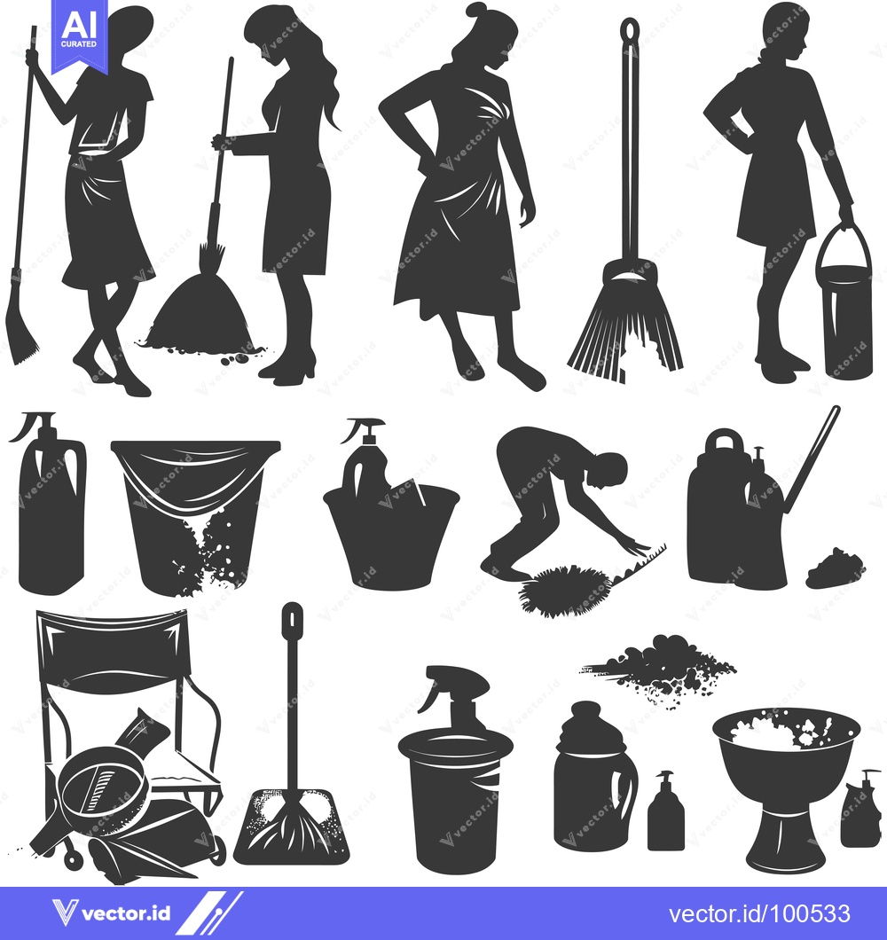 Premium Vector of Silhouettes of Cleaning Supplies and People Cleaning
