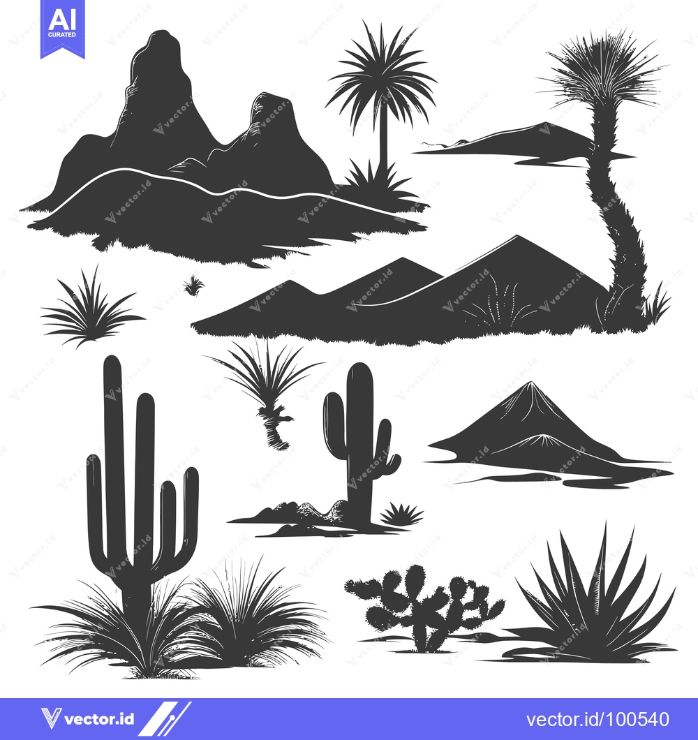 Premium Vector dari Silhouettes of Desert Plants and Mountains