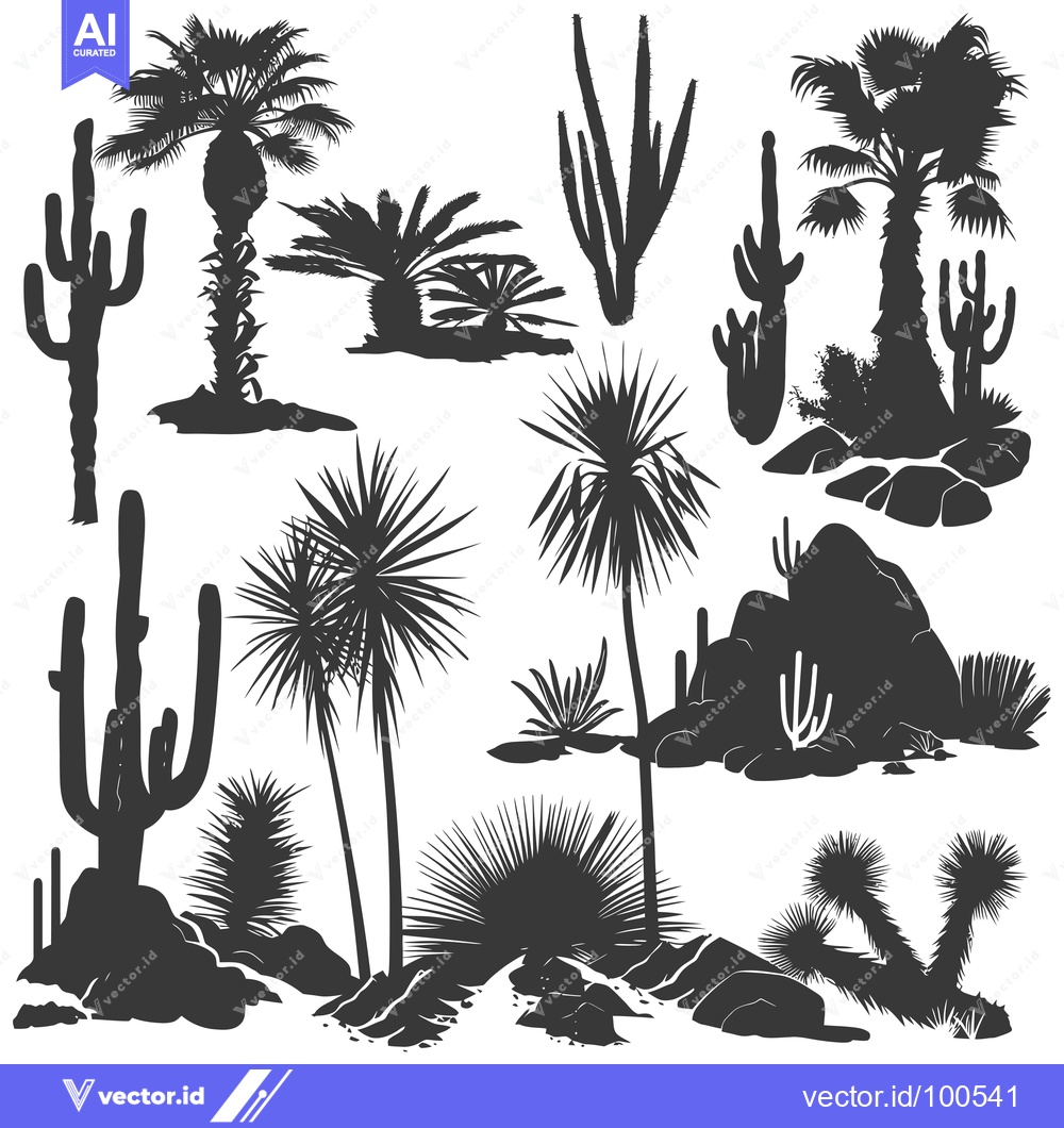 Premium Vector dari Silhouettes of Desert Plants and Rocks