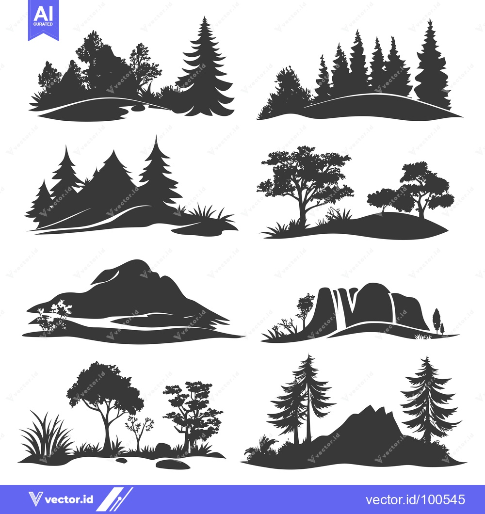 Premium Vector of Silhouettes of Diverse Landscapes with Trees, Hills, and Rocks