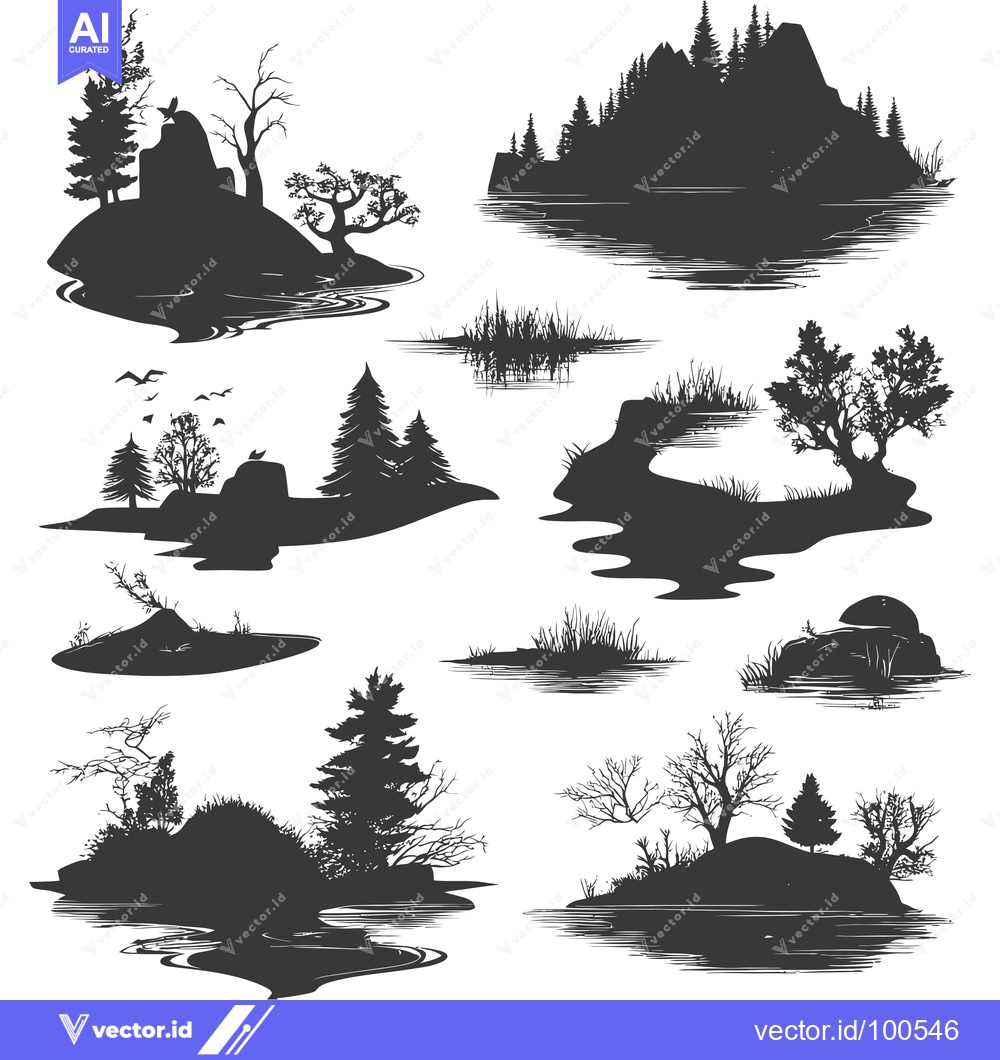 Premium Vector dari Silhouettes of Diverse Landscapes with Trees, Rocks, and Water