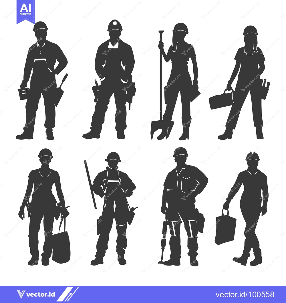 Premium Vector dari Silhouettes of Eight Construction Workers with Tools
