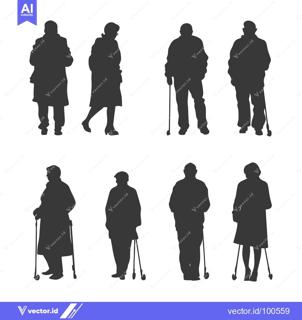 Premium Vector of Silhouettes of Eight Elderly People Walking with Canes
