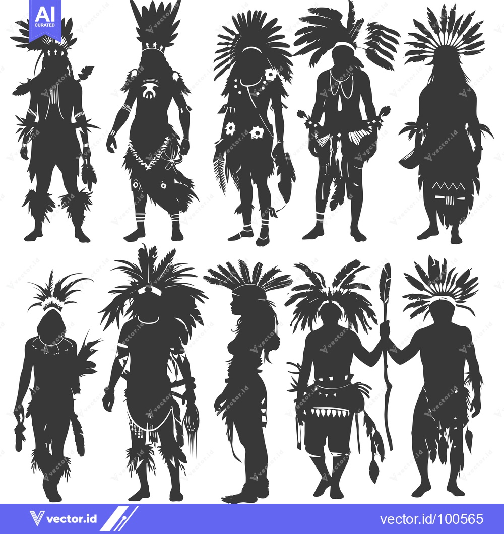 Premium Vector of Silhouettes of Eight Native Americans in Traditional Headdresses and A