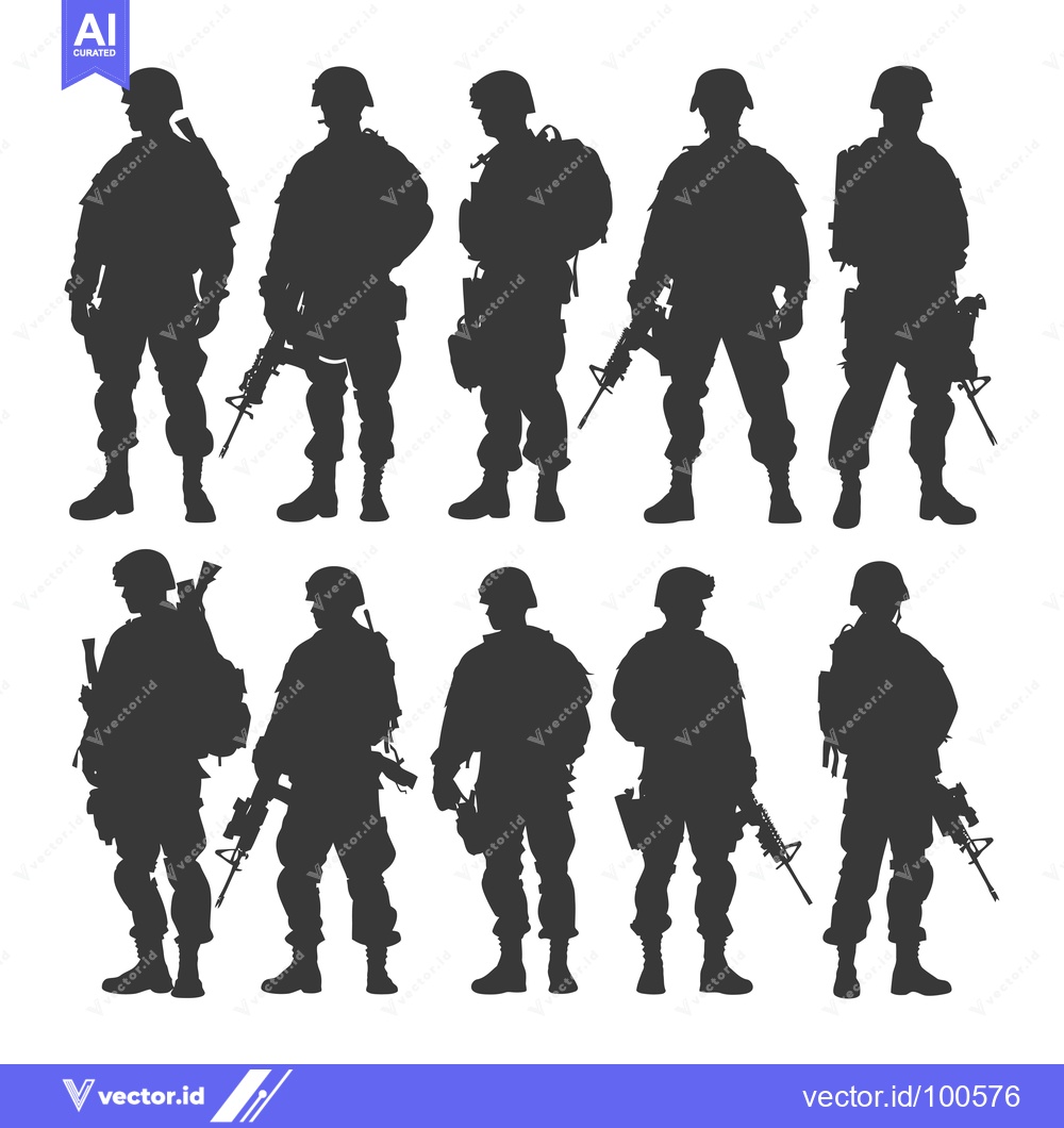 Premium Vector of Silhouettes of Eight Soldiers in Various Poses, Holding Rifles and Bac