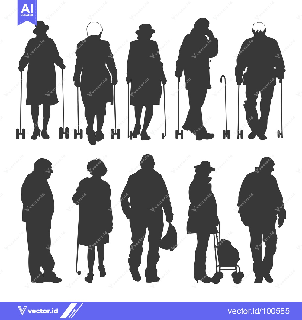 Premium Vector dari Silhouettes of Elderly People with Walking Aids and Shopping Cart