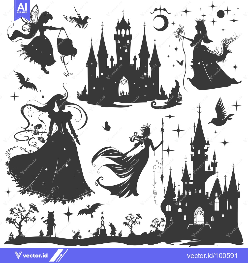 Premium Vector dari Silhouettes of Fairytale Characters and Castles