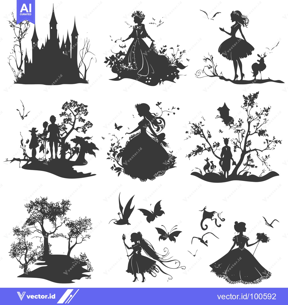 Premium Vector dari Silhouettes of Fairytale Characters and Landscapes