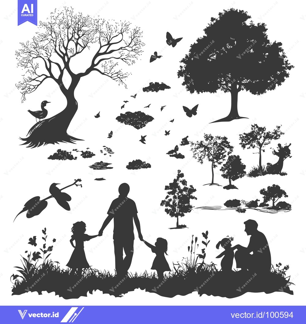 Premium Vector dari Silhouettes of Families in a Forest Setting with Birds and Butterflies